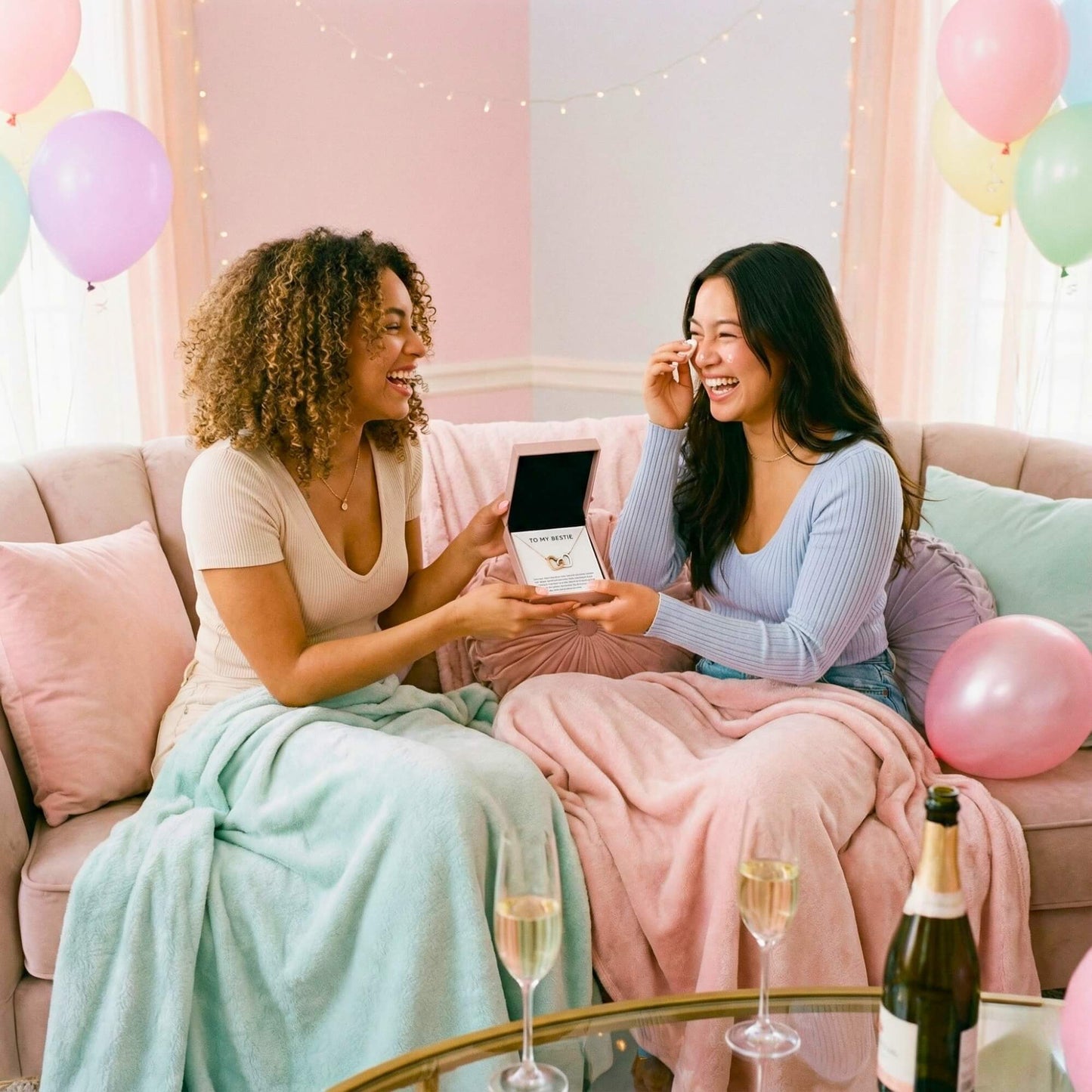 Woman surprising her best friend with a sentimental jewelry gift box during a birthday or Galentine's celebration.
