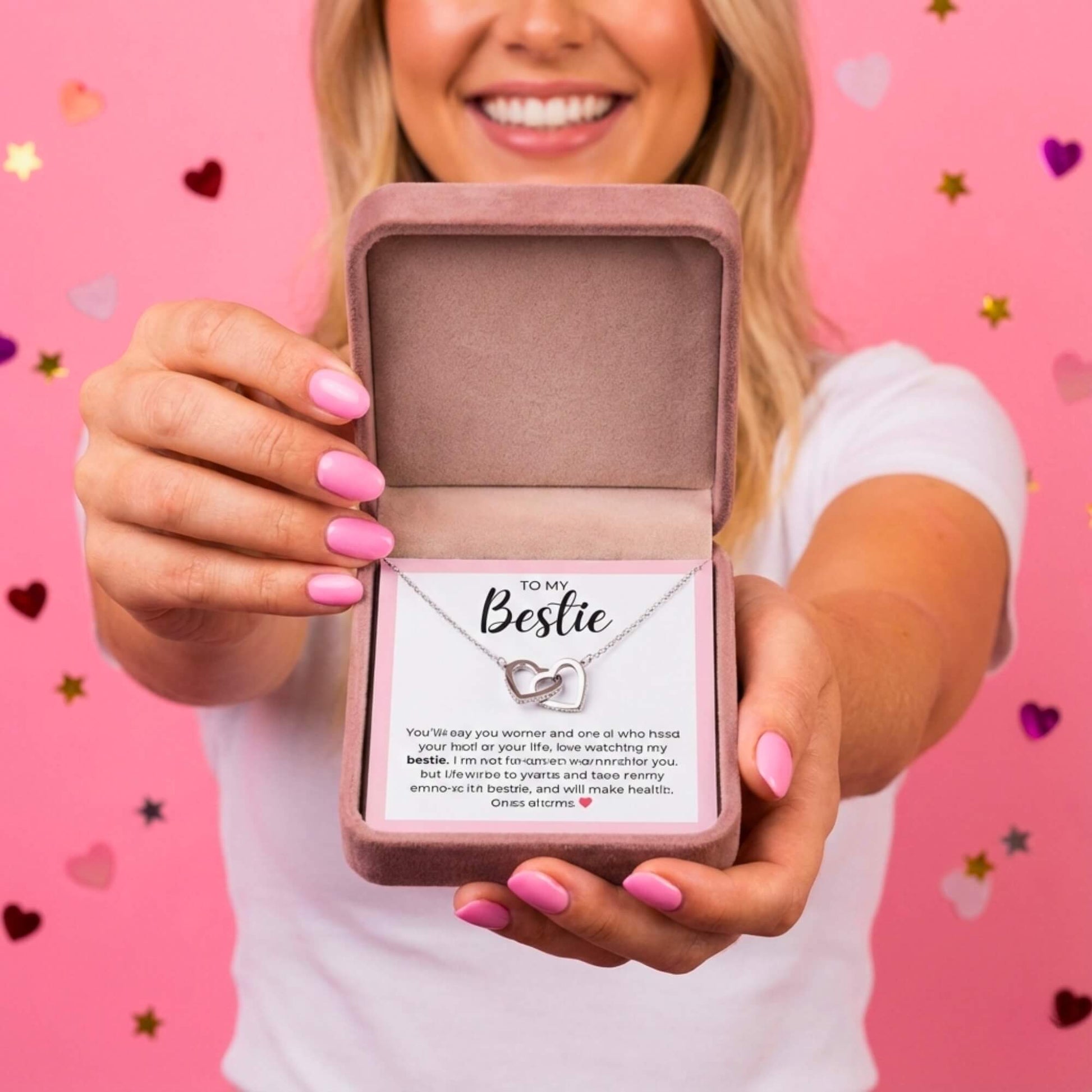 Point of view holding the open To My Bestie gift box, showing the necklace and emotional message card.