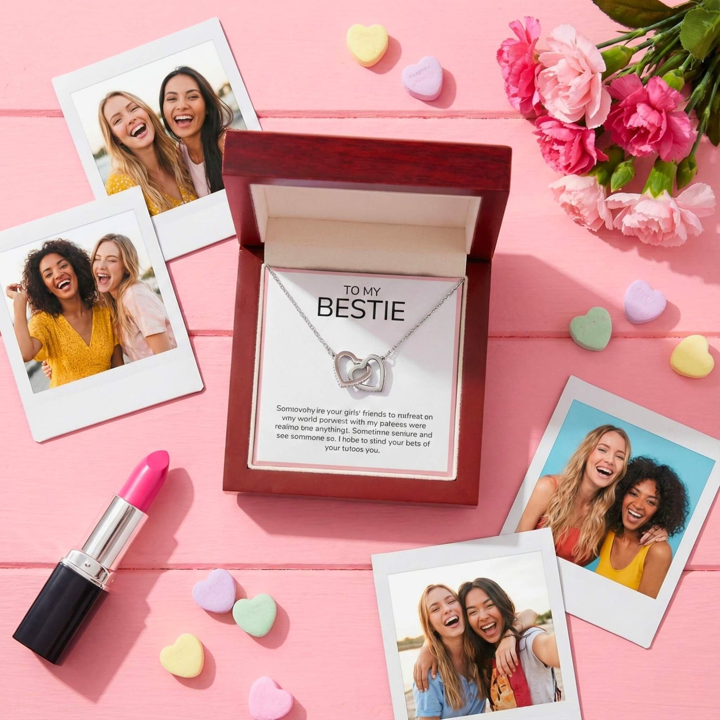 Creative flat lay of the Bestie necklace gift set with Polaroids, lipstick, and heart confetti for Valentine's Day.