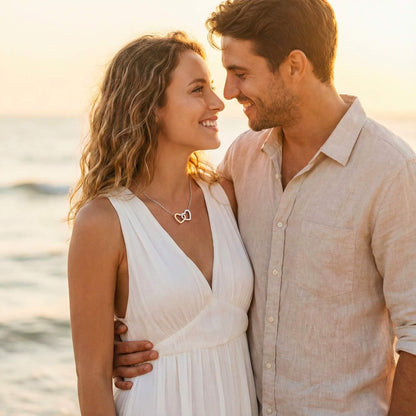 Romantic couple embracing at sunset on the beach, representing the perfect soulmate connection and Valentine's Day gift.
