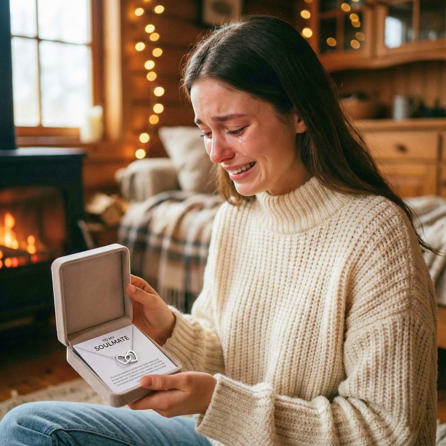 Emotional girlfriend smiling while opening the soulmate gift box, showing a happy reaction to the meaningful jewelry gift.