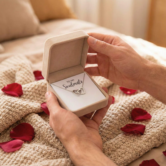 Close-up point of view holding the open luxury gift box containing the Interlocking Hearts necklace and sentimental message card.