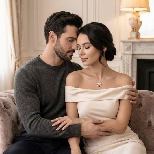 Romantic husband and wife sharing an intimate moment, perfect for anniversary or Valentine's Day gifting.