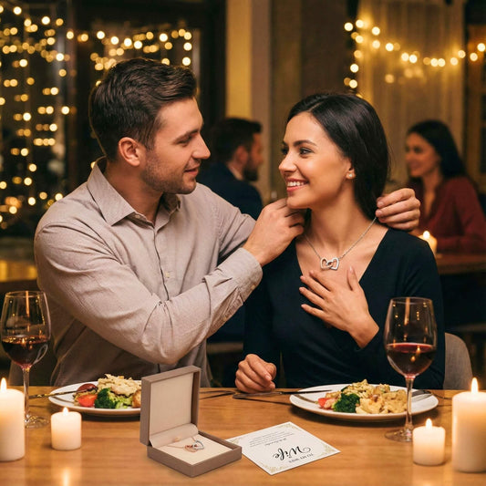 Husband putting the To My Wife necklace on his wife during a romantic dinner date.