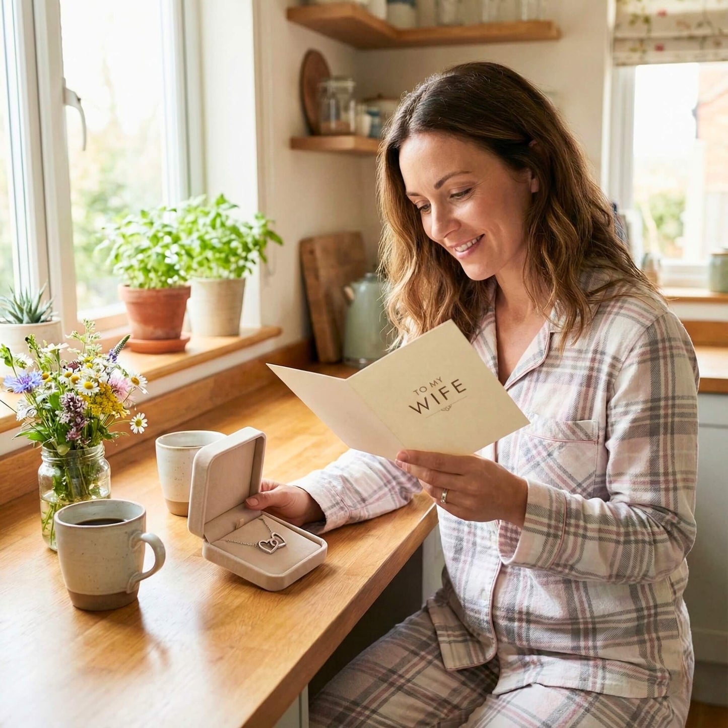 Wife smiling emotionally while reading the sentimental message card from her husband.