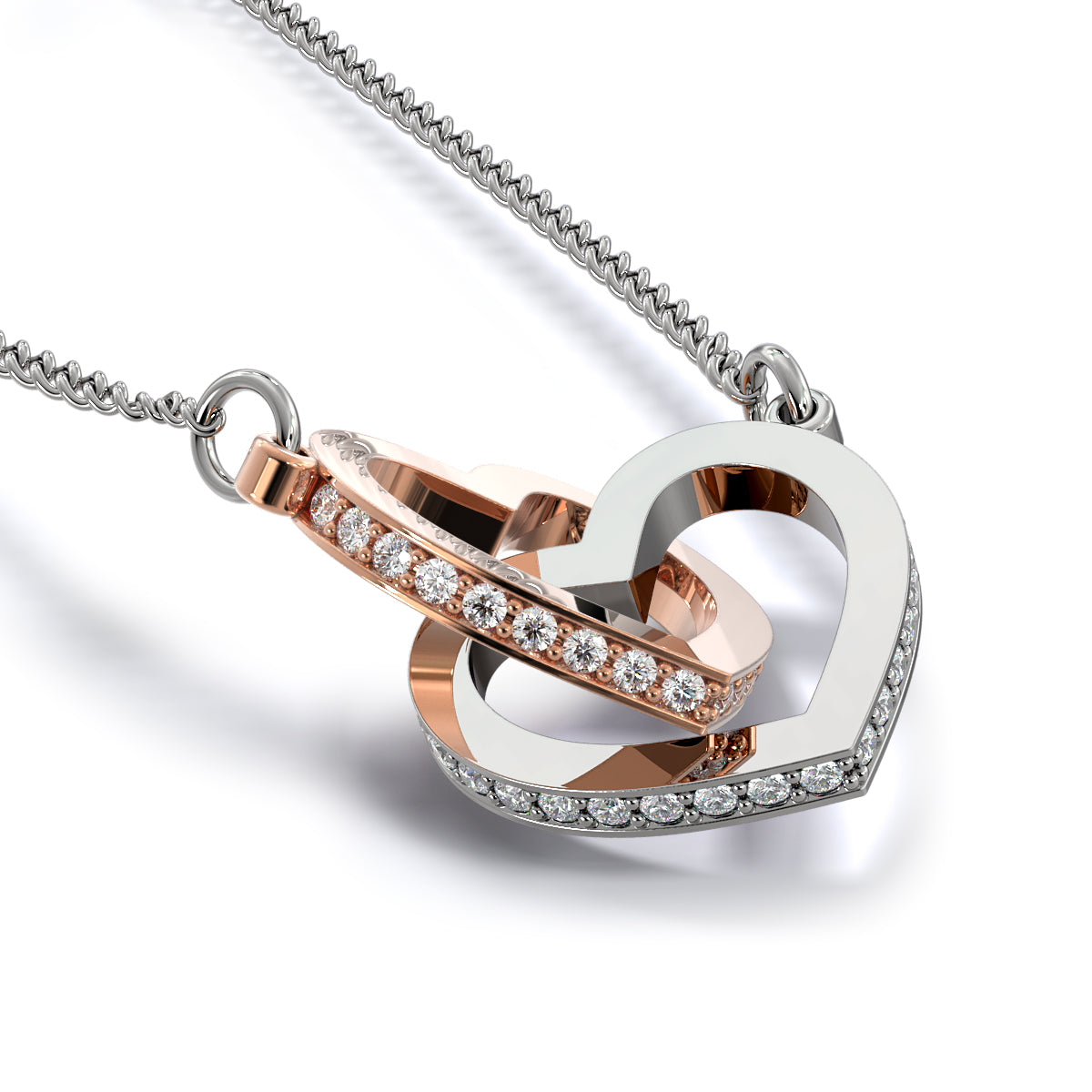 Heart-shaped interlocking necklace with rose gold and silver components on a white background